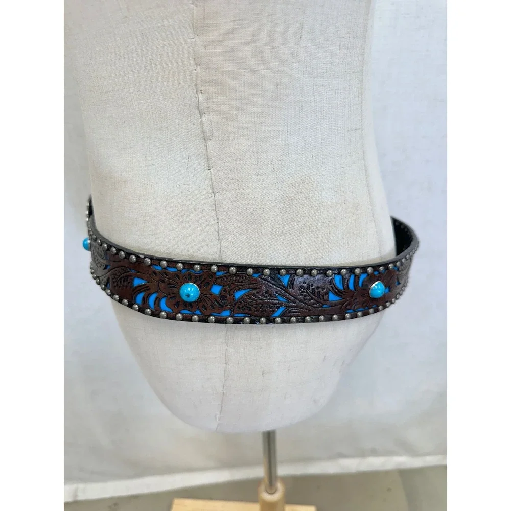 Leather Turquoise Floral Tooled Western Belt Womens Medium/Large Vegan‎ Leather